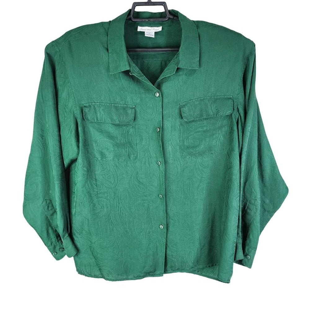 Womens Green Anna & Frank 100% Silk Shirt Long Sleeve Button Up Pockets Size M